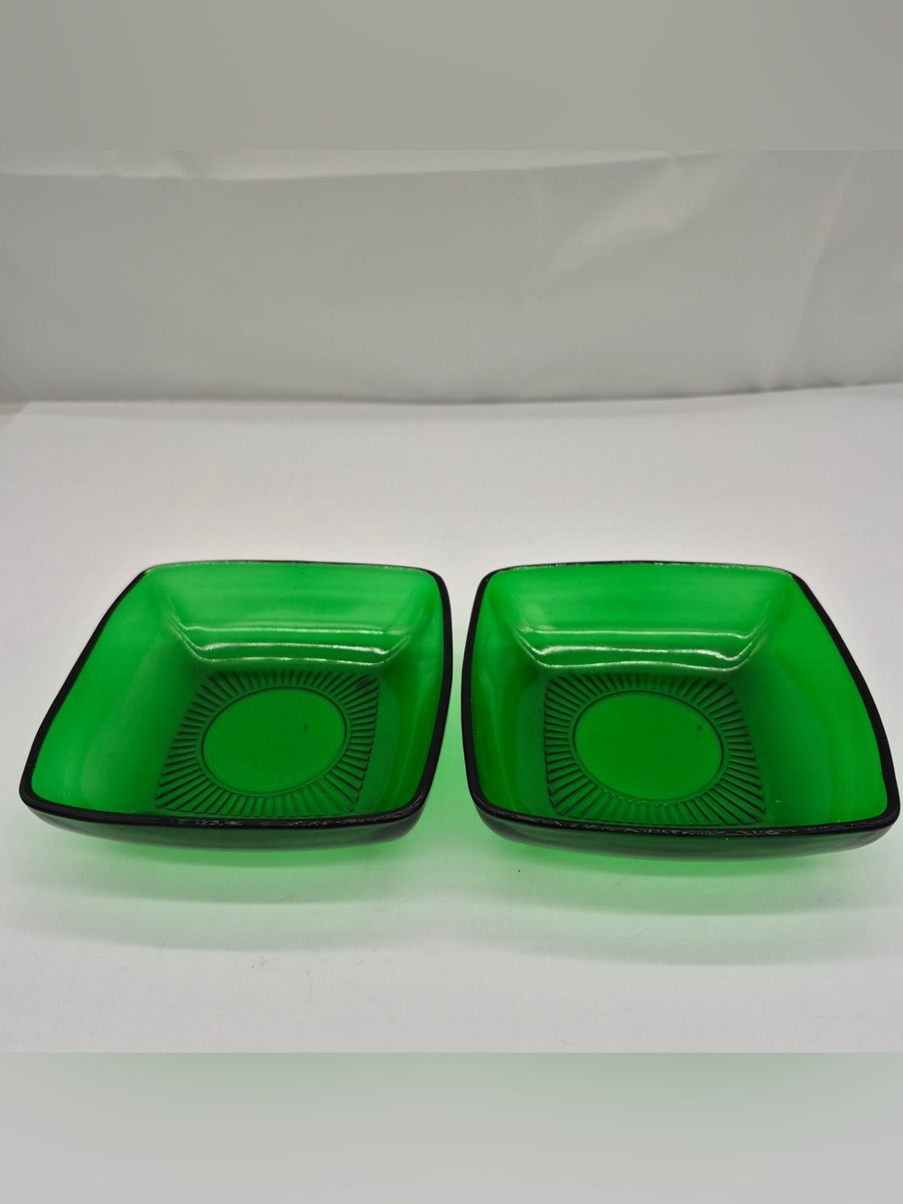 Vintage MCM Anchor Hocking Forest Green Glass Square Coup Soup set of 2 Retro